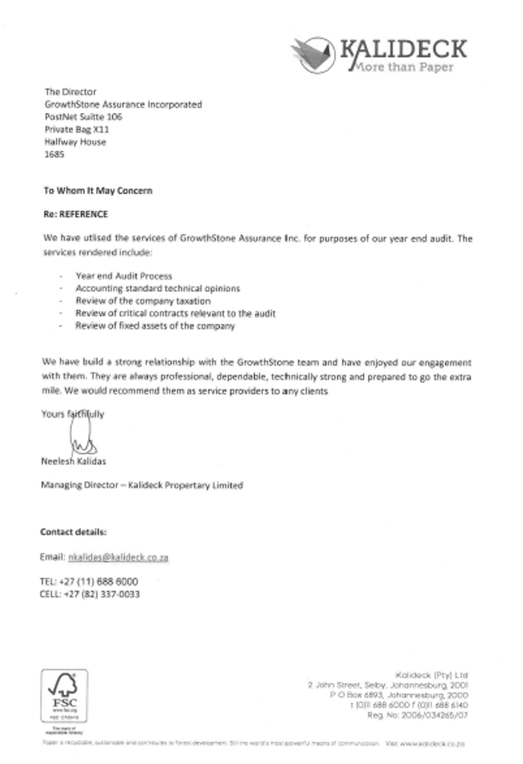 Kalideck Reference Letter