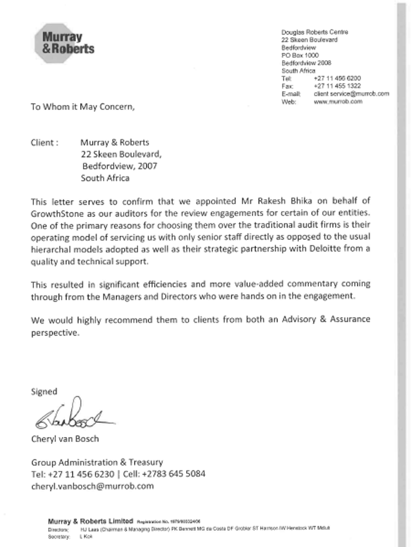 Murray & Roberts Reference Letter