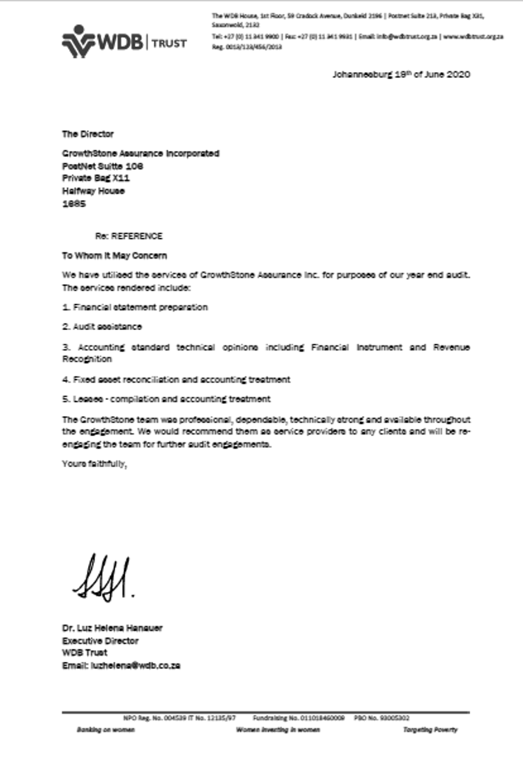 WDB Trust Reference Letter